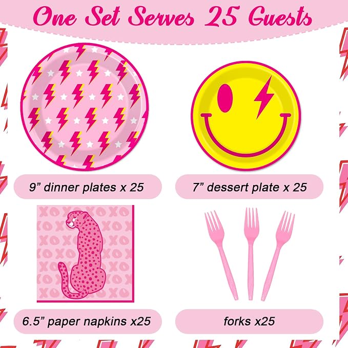 100 Pcs Preppy Party Plates Napkins Forks Supplies Set Smile Face Disposable - Image 2