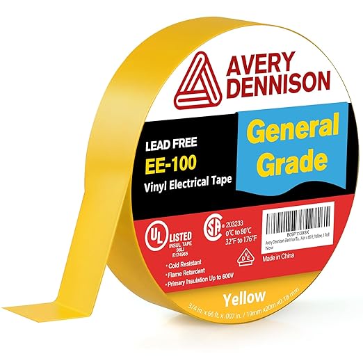 Avery Dennison Electrical Tape, General Use PVC Electric Tape, UL/CSA Listed Insulating Vinyl Tape for Electrical, Repairs, Automotive and Equipment, EE-100, ¾ in x 66 ft, Yellow, 1 Roll