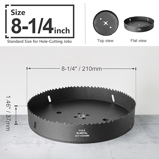 8-1/4 Inch Hole Saw with 1/2" Hex Shank Quick Change Arbor, JTemgle Bi-Metal Hole Saw Heavy Duty Hole Cutting Tool for Cornhole Boards, Recessed Lights, Wood, Plastic, Drywall & Soft Metal