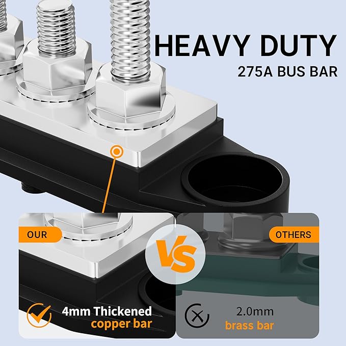 275A Bus Bar 12V Power Distribution Block Car Audio Busbar 6 x 5/16" (M8) Terminal Stud Positive & Ground Battery Bus Bar