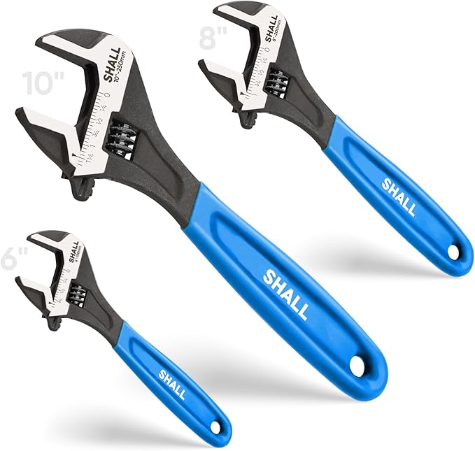 SHALL 3-Piece Adjustable Wrench Set, 10/8/6 Inch Cr-V Steel Wrench with Cushion Grip, Wide Jaw Black Oxide Wrench with Laser-etched SAE Scales for Home, Garage, Workshop and DIY, Dark Blue