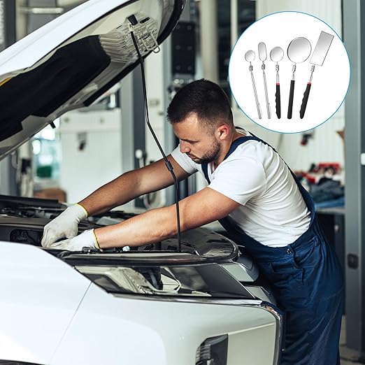5 Pieces Retractable Mechanical Mirror Tool Telescoping Inspection Mirror Set 360 Rotation Mirrors Inspection Tool Stainless Steel Mirrors for Check Observe Vehicle, Car, Eyelashes, Small Parts