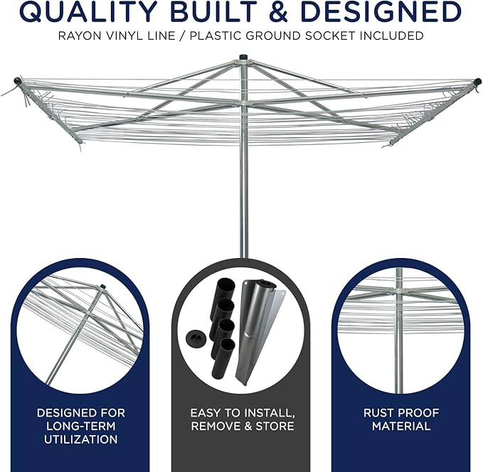 184 FT Umbrella Clothesline Outdoor - Clothes Line Outdoors Heavy Duty Parallel Silver Aluminum Frame with Ground Spike & Socket - Clotheslines for Outside Laundry Drying, Washing Line