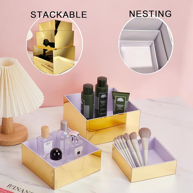 3Pcs Gold Acrylic Riser Display Stands Mirrored Nesting Cube Boxes | Pedestal - Image 5