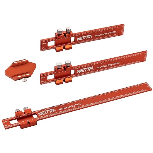 Woodworking Ruler, Neitra 3PCS (6/8/12 Inches) Metal Pocket Rule with a 45° & 30° Slide Stop for Measuring Precision, Slide Stop Aluminum Rule for Marking Inch and Metric T-Type Scribing Rulers Square