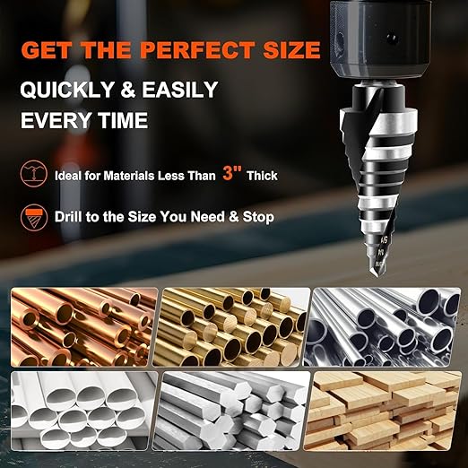 COMOWARE Step Drill Bit, 12 Sizes from 3/16" to 7/8", High Speed Steel Step Bit with 2 Spiral Flutes, 3-Flat Shank, Steps Bits for Metal, Aluminum/Wood/Plastic/Iron, Unibit for Electricians & DIY