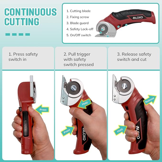 VLOXO Cordless Electric Scissors Cardboard Cutter 4V Electric Box Cutter Rechargeable Power Scissors with Safety Lock Multi-Cutting Tools for Leather Carpet Canvas (Red)