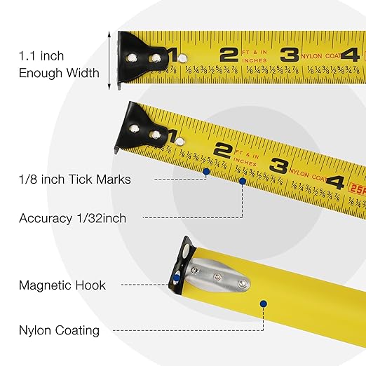 WORKPRO 16FT Tape Measure, 2Pcs Heavy Duty Retractable Tape Measurement, Long Stand Measuring Tape Accuracy 1/32 for Engineer, with Magnetic Hook, Belt Clip, Rubber Protective, Thumb Lock, Finger Stop