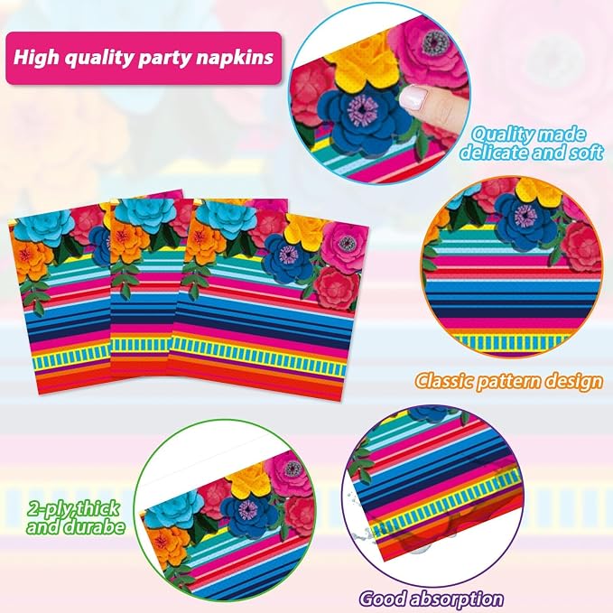 200pcs Mexican Fiesta Plates Napkins Floral Paper Tableware Set Fifth of May - Image 3