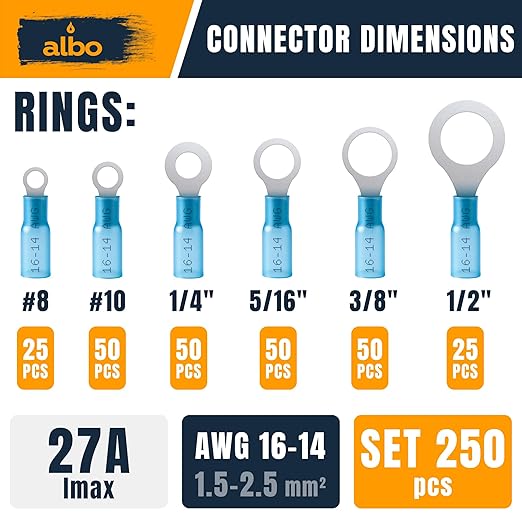 250PCS Blue Heat Shrink Ring Terminal Kit – 16-14 AWG Wire Terminal Connectors Assortment, 6 Sizes (#8, #10, 1/4", 5/16", 3/8", 1/2") – Waterproof Tinned Copper Electrical Ring Connectors