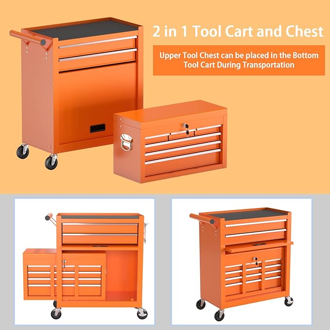 8-Drawer High Capacity Rolling Tool Chest, Removable Cabinet Storage Tool Box with Wheels and Drawers, Detachable Toolbox with Lock for Workshop Mechanics Garage（Orange）