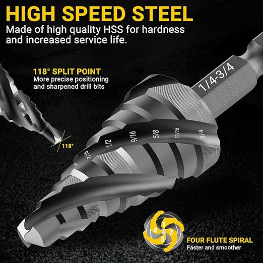 Four Spiral Flute Step Drill Bit, HSS Step Drill Bits (1/4"-3/4") Unibit Step Drill Bit, 1/4" Shank Step Bits for Aluminum, Wood, Plastic, Metal