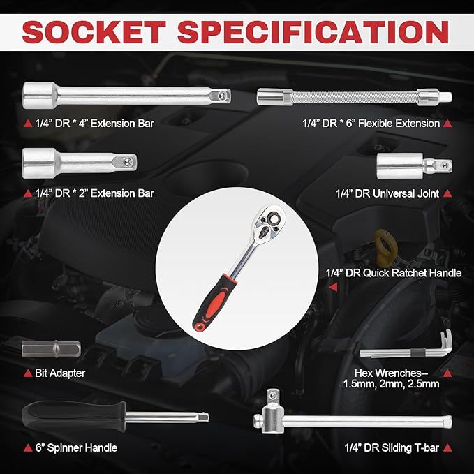 46PCS Small Drive Socket Ratchet Wrench Screwdriver Set, 1/4 Inch Metric Socket and Ratchet Wrench Set with Extension Bar, Compact Tool Set for Car