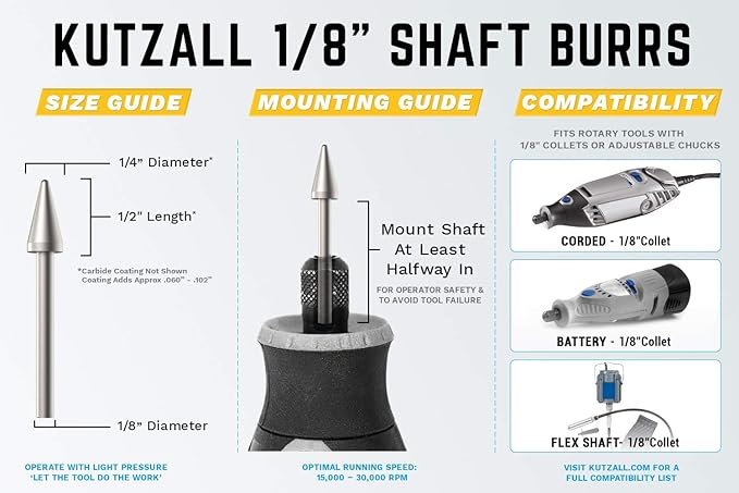 Kutzall Extreme Taper Rotary Burr, 1⁄8" Shaft, Very Coarse - Wood Carving Bit for Dremel, Foredom, DeWalt, Milwaukee. Abrasive Tungsten Carbide, 1⁄4" (6.3mm) Dia. X 1⁄2" (12.7mm) Length TX-14-EC