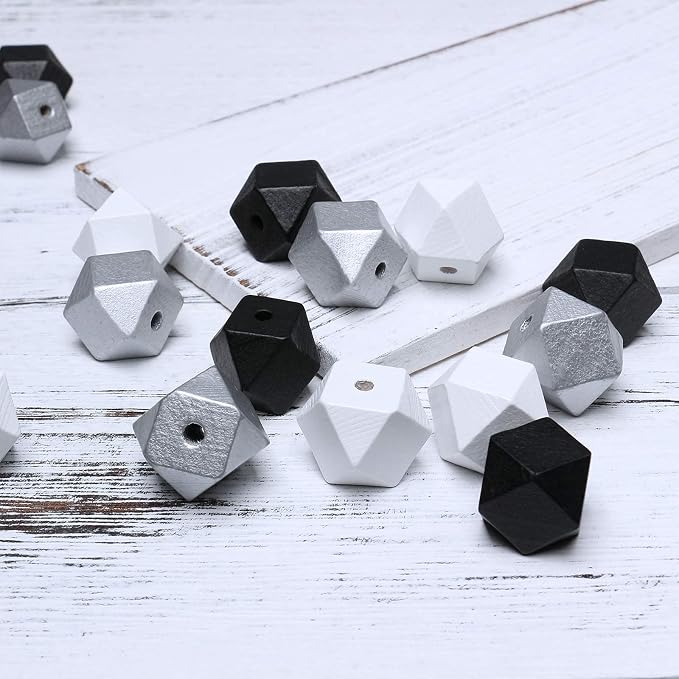 20mm Geometric Wood Beads Mixed in White, Polygon Wooden Loose Beads - Image 3