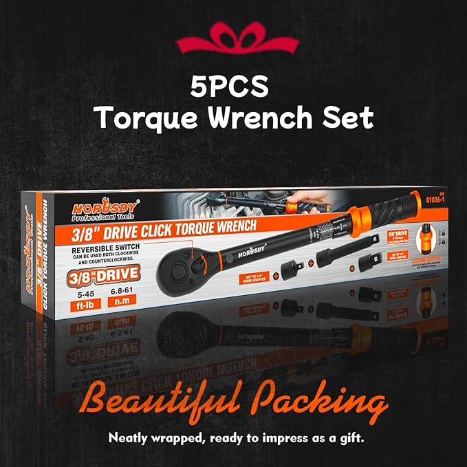 HORUSDY 3/8" 5PCS Torque Wrench Set(5–45 ft-lb/ 6.8–61 Nm) – Torque Wrench 3/8 Drive with 3" Extension, 3/8" to 1/4" & 3/8" to 1/2" Adapters, Case for Bike, Car, Moto & Other Repair
