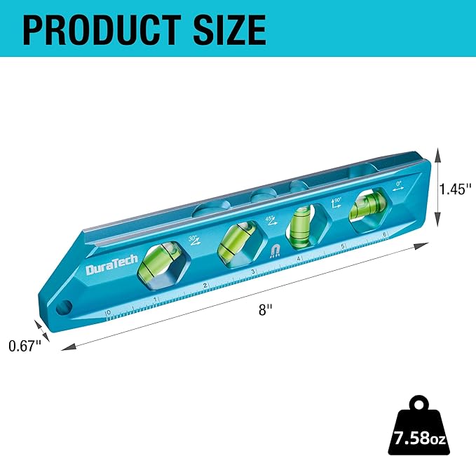 DURATECH 8-Inch Level, Magnetic Torpedo Level with 0°/30°/45°/90° Bubbles, V-Groove, Large Viewing Window, Aluminum Alloy Body, Hanging Hole, SAE and Metric Scale for DIY Projects and Household Use