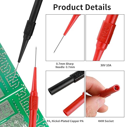 10PCS Back Probe Kit with 4mm Banana Socket (0.7mm Needle) | Non-Destructive Wire Piercing Probes Pin for Car Tester & Automotive Testing Tools Multimeter Tester (Red-Black)