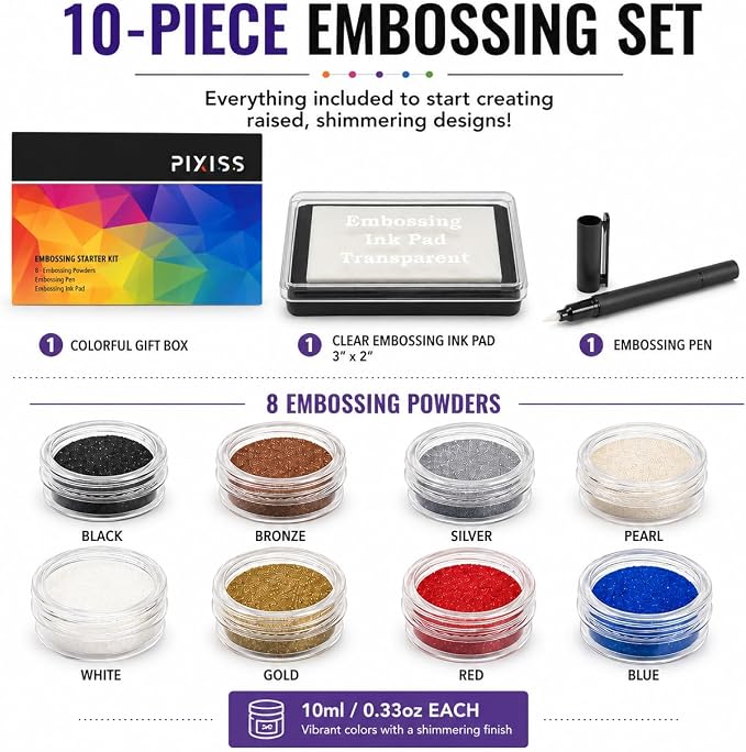 Embossing Kit, Embossing Ink Pad, 8X 10ml Embossing Powders - Image 3