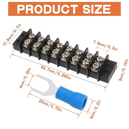 8 Circuits 8 Positions Terminal Block 20-30A 200-450V Dual Row Screw Terminals Strip with 64 PCS Heat Shrink Wire Fork Connectors(Pack of 4pcs)