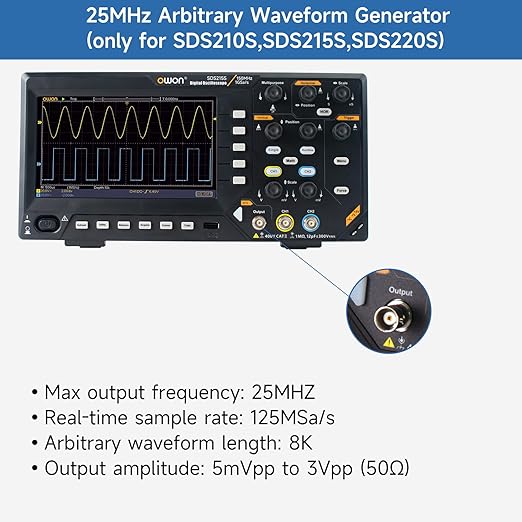 150MHz OWON Oscilloscope, 2+1 CH 25MHz Waveform Generator Digital Oscilloscope 1GSa/s Sample Rate for Each Channel 7 inch LCD Display (150MHz/2+1 CH/OWON SDS215S)