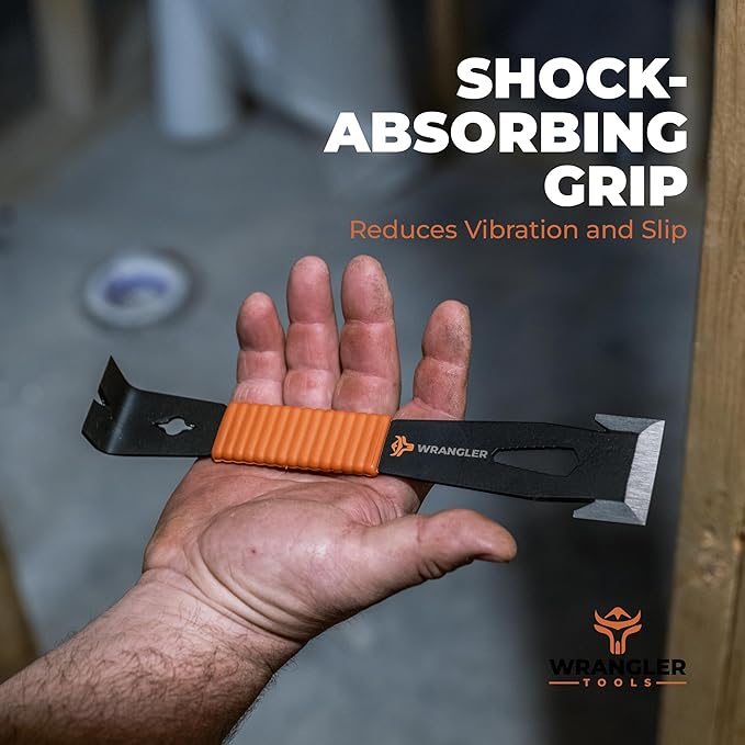 9.5" Trim Bar Pry Bar - Patented Small Pry Bar with Bolt Remover & Nail Puller for Home Improvement & Construction - Flat Bar with Shock-Absorbing Grip & Wide Winged Ends