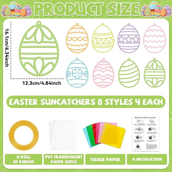 32 Sets Easter Egg Suncatchers Craft Kit DIY Window Stained Glass Effect Easter - Image 2