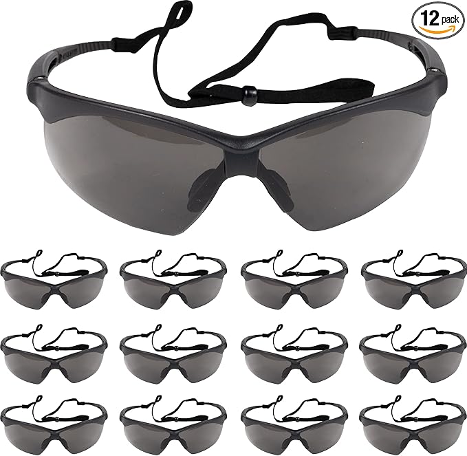 ATERET Rival Safety Glasses - Clear, Hard Coated, Rubber Temples Nose Piece - Suitable for Nurses Mechanic Electrician Construction, Laboratory Safety Protection (12 Pairs, Grey/Rival)