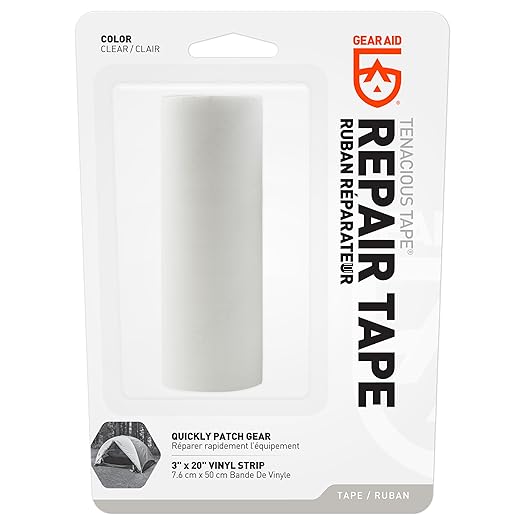 GEAR AID Tenacious Tape 3”x20” Fabric and Vinyl Gear Repair Tape, Quickly Fix Holes and Rips in Puffy Jackets, Rain and Snow Gear, Tents, Sleeping Bag and More, Clear, 1 Pack