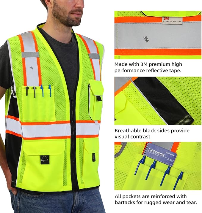 Dib Safety Vest Reflective Yellow Mesh, High Visibility Vest with Pockets and Zipper, ANSI Class 2 Heavy Duty, Made with 3M Reflective Tape XL