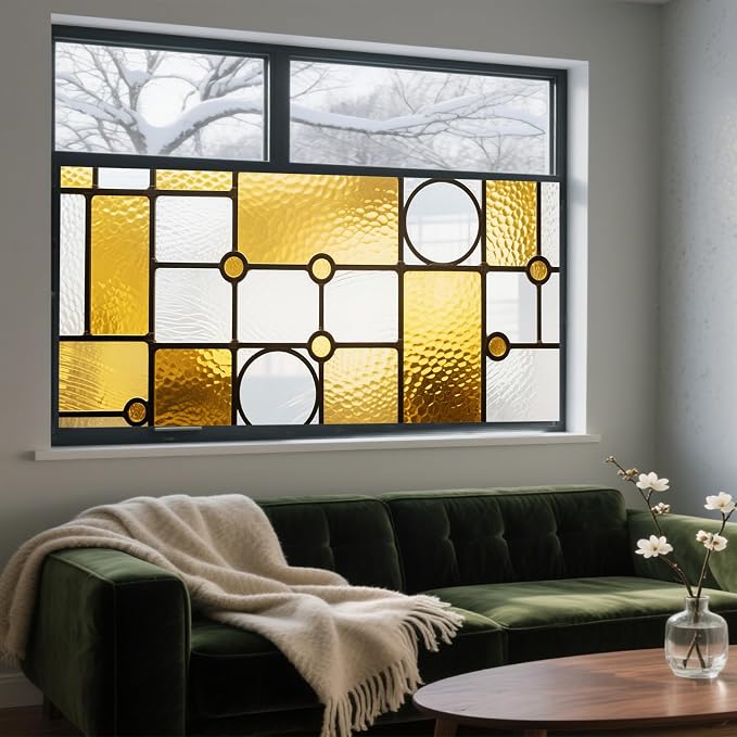 IVN Privacy Window Film Decorative Stained Glass Yellow and White Geometric - Image 9