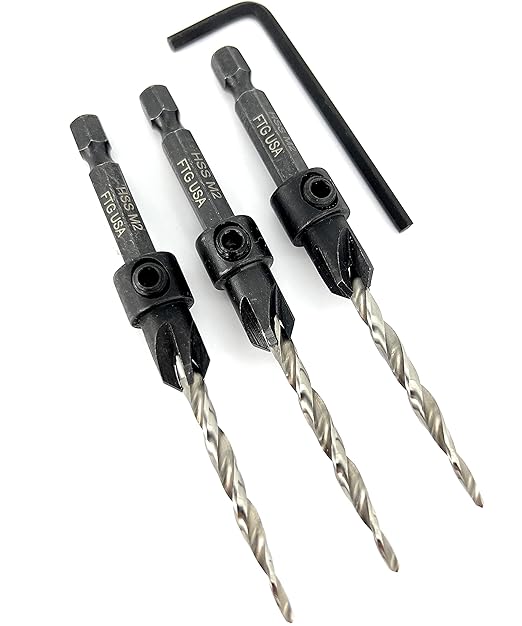 FTG USA Adjustable Wood Countersink Drill Bit Set 3 Pc #8 (11/64") with Tapered Drill Bits for Woodworking