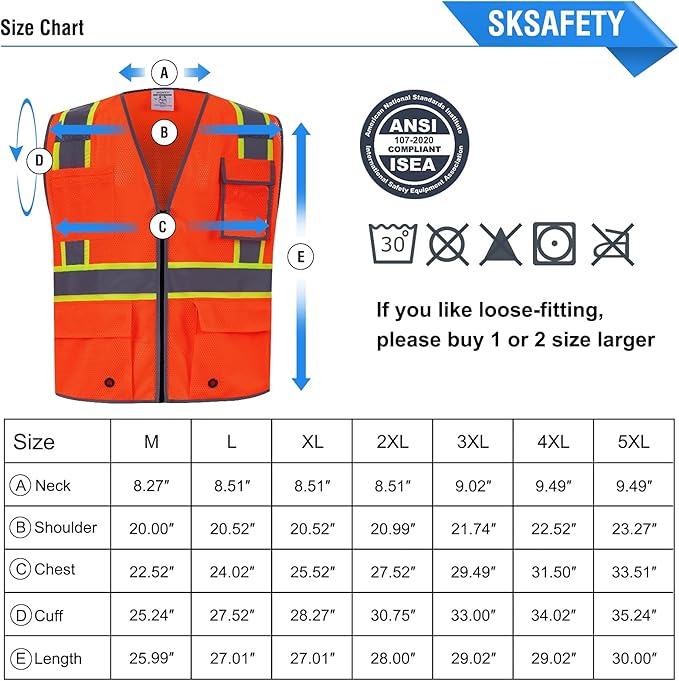 SKSAFETY 10 Pockets Safety Vest, Class 2 High Visibility Security with Zipper Double-sided mesh, Hi Vis Vest with Reflective Strips, ANSI/ISEA Standard, Construction Work Vest （Orange, 2XL）