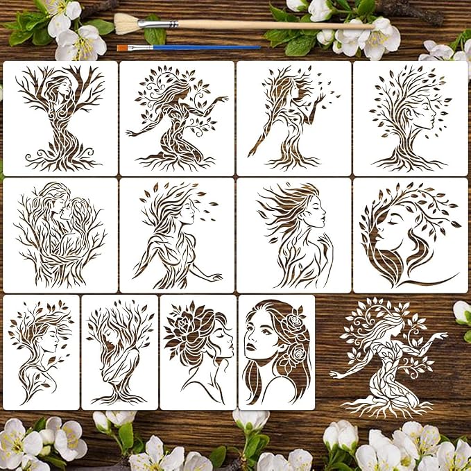 12pcs Tree of Life Stencils for Painting Woman Drawing Stencils for Crafts by Unknown