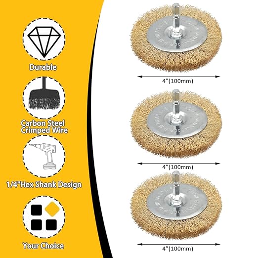 3PC Brass Coated Wire Wheel Brush Kit for Drill, Crimped Cup Brush with 1/4-Inch Shank,0.13mm Coated Brass Wire Brushes, for Fast Removal of Rust, Paint and Scale from Metal and Wood