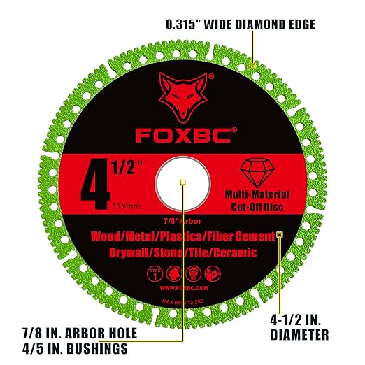 FOXBC 4-1/2 Inch Indestructible Multi-Material Cut Off Disc for Angle Grinders, 7/8" Arbor - 3 Pack