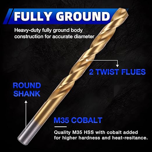Cobalt Drill Bit Set, 21Pcs (1/16"-3/8") M35 Fully Grounded 5% Cobalt Bits for Hardened Metals, Stainless Steel, Cast Iron and Wooden Plastics, with Metal Index Storage Box