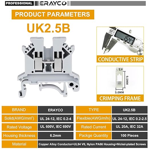 Erayco UK2.5B-G DIN Rail Terminal Block, Screw Clamp, 600V 20A 24-12AWG, Pack of 100 (Green)