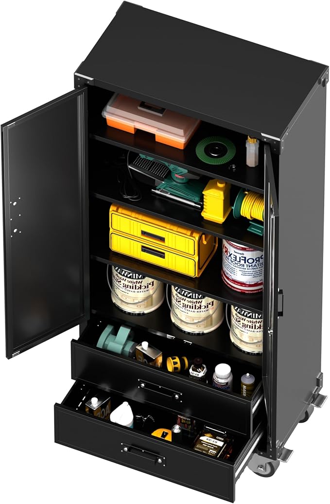 Aobabo Garage Metal Storage Cabinet with Wheels, Lockable Steel Storage Cabinet with 2 Large Drawer and 3 Adjustable Shelves, for Home, Office, Classroom, Black, Assembly Required