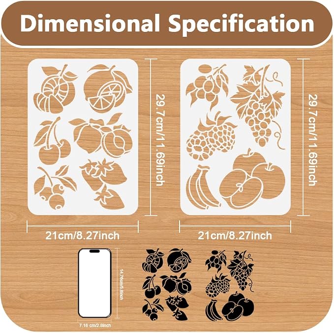 2pcs 11.69"x8.27" Fruit Wall Stencil Templates, Lemon Grape DIY Home Decor - Image 2