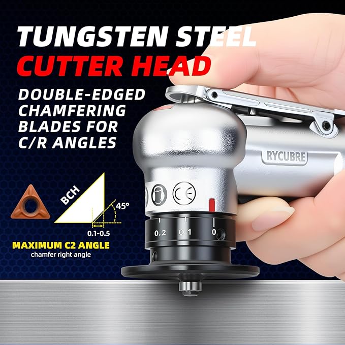 Pneumatic Chamfering Tool Handheld, Mini Air-Powered Chamfering Machine with 4 C-Blades (2 Pre-Installed), 45° Right-Angle Trimming, 1/4 Inch Air Inlet for Metal, Wood Beveling & Deburring