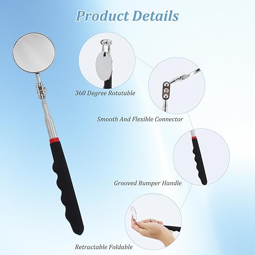 3 PCS Inspection Mirror, Telescopic Mechanic Mirror, Comfortable Grip, 360 Degree Rotation for Technicians Mechanics Contractors to Inspect and Observe (Round)