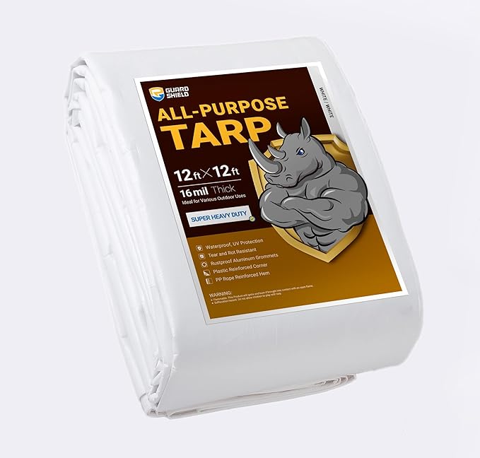 GUARD SHIELD Super Heavy Duty White Ploy Tarp Cover 12x12 Feet Waterproof Tarps 16mil Thick UV and Tear Resistant Tarpualin
