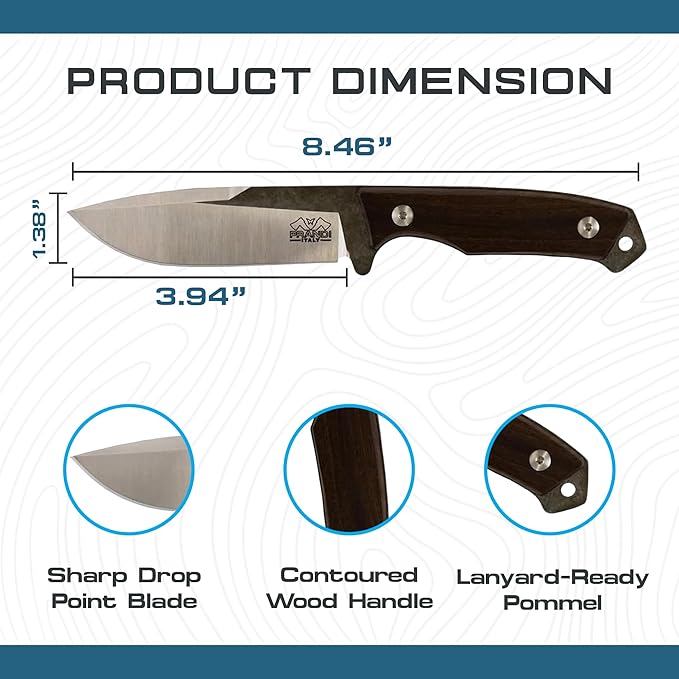Prandi Cortel Traditional Fixed Blade Knife – Bushcraft Full Tang Survival Knife with Handmade Leather Belt Sheath for Hunting, Camping, Tactical, and Outdoor Field Use – AISI420MoV Steel – 3.076.T