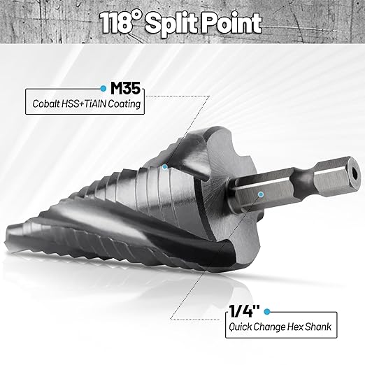 Cobalt M35 Step Drill Bit, TiAlN Coating 4 Spiral Flute Step Bit for Metal, Stainless Steel, Aluminum, Plastic, Large Step Drill 1-1/8"