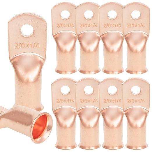 10 PCS 2/0AWG - 1/4''Stud Heavy Duty Copper Terminals,Battery Cable Crimp Lugs,Battery Cable Ends, Bare Copper Eyelets Tubular Ring Terminals,Closed End Crimp Electric Connectors
