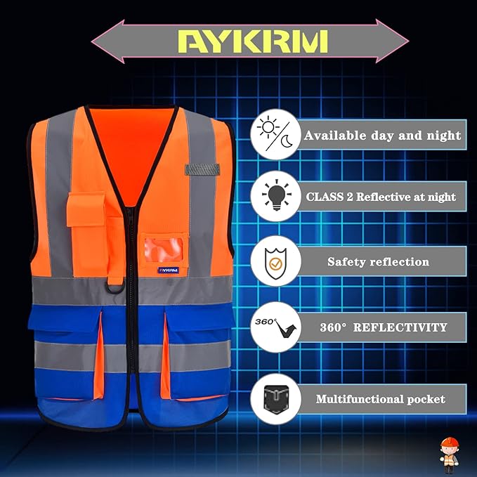 Orange Blue XSMALL High Visibility REFLECTIVE WORK Safety Vest with zipper Reflective Strips 7 Pockets