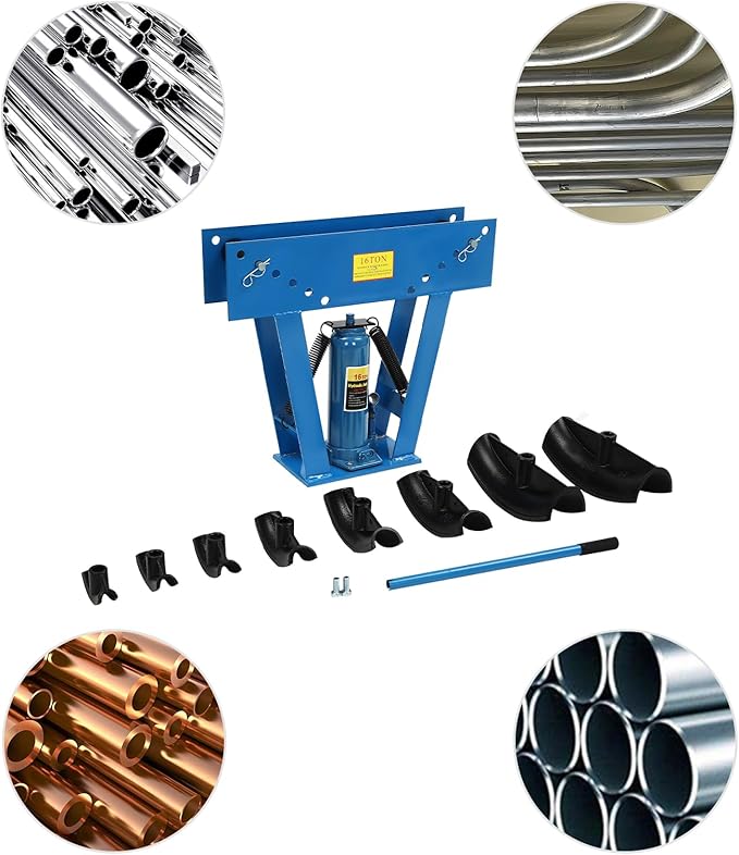 16 Ton Hydraulic Pipe Bender Manual Pipe Bending Machine Tube Bender Tool with 8 Bending Dies (1/2", 3/4", 1", 1-1/4", 1-1/2", 2", 2.5", 3") Adjustable Rollers 90-180° Steel Iron Metal Ratcheting