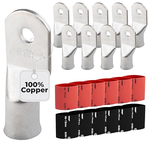 SELTERM 10pcs - 4/0 Awg (XL) 5/16" Stud Battery Lugs - Ring Terminal Connectors with 12pcs 3:1 Black & Red Heat Shrink Tubing with Adhesive, Heavy Duty Battery Cable Ends - Tinned Copper Wire Lugs Kit