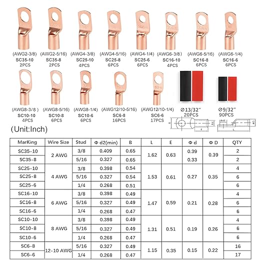 Copper Wire Lugs,Terminal Connectors,Used on AWG12 10 8 6 4 2 Cable,Heat Shrink Set,Bare Copper Eyelets,Ring Terminals Connectors,85Pcs Battery Cable Lugs Ends and 110Pcs Heat Shrink Tubing (195PCS)